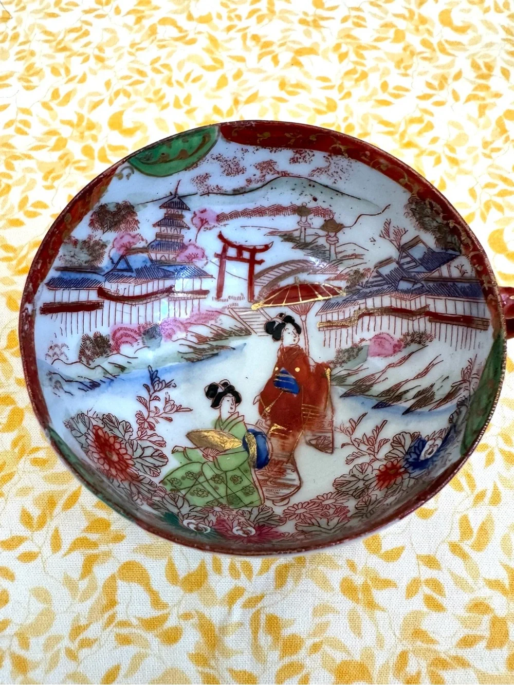 Vintage Japanese Hand Painted Teacup and Saucer Set. Geisha and Floral Landscape